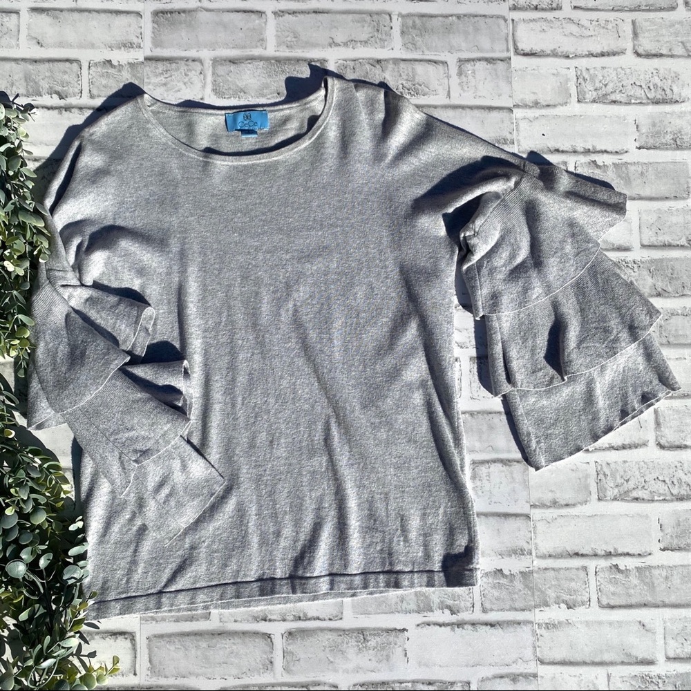 CeCe Gray Ruffled Sleeve Sweater
